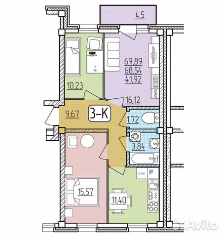 3-к квартира, 69.9 м², 4/9 эт.