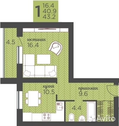 1-к квартира, 40.9 м², 8/10 эт.