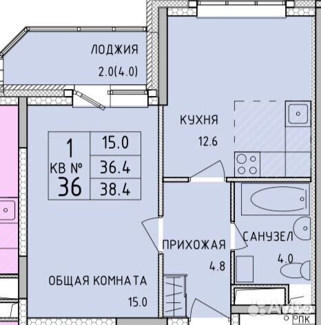 1-к квартира, 38.4 м², 3/14 эт.