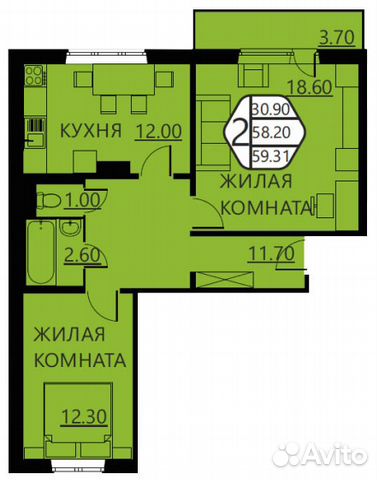 2-к квартира, 59.3 м², 5/16 эт.