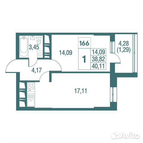 1-к квартира, 40.1 м², 23/25 эт.
