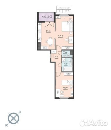 2-к квартира, 67.7 м², 8/23 эт.