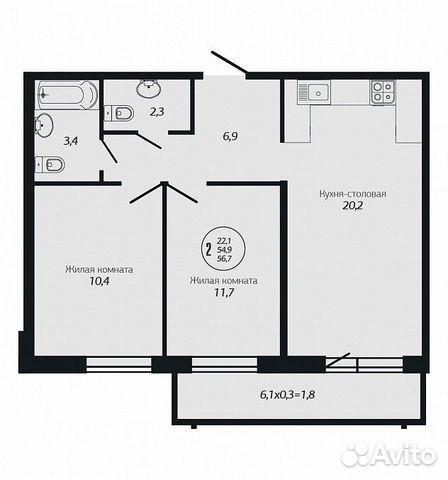 2-к квартира, 56.7 м², 15/19 эт.