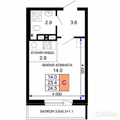 Студия, 24.5 м², 7/16 эт. Студия, 24.5 м², 7/16 эт.