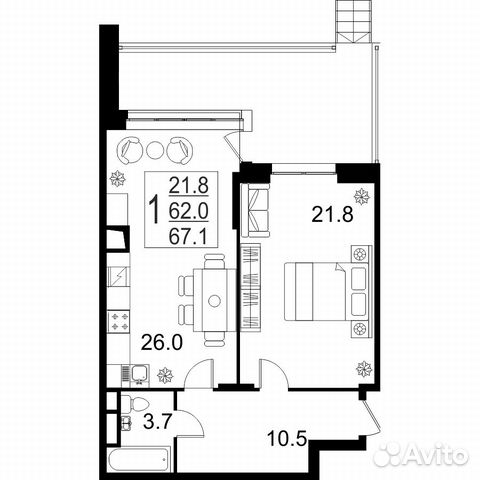 1-к квартира, 67.1 м², 1/3 эт.