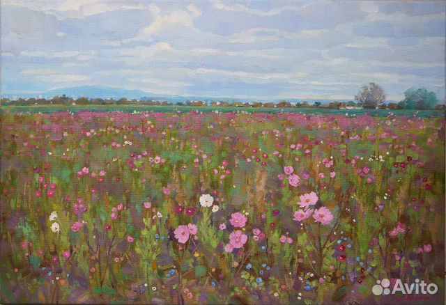 Картина маслом «В цветочном поле» пейзаж, цветы
