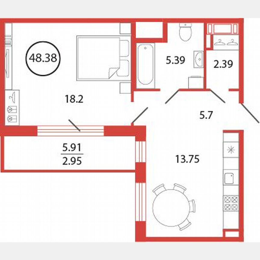1-к. квартира, 48,4 м², 4/12 эт.
