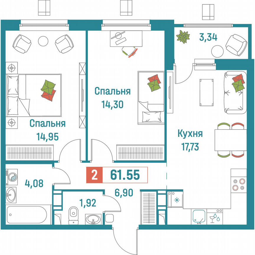 2-к. квартира, 61,6 м², 11/18 эт.