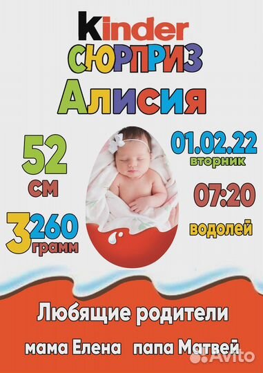 Детская метрика, постер, открытка