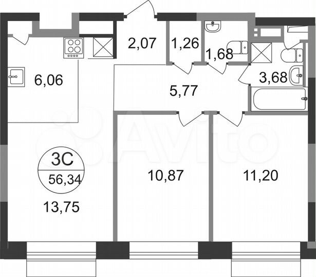 3-к. квартира, 56,3 м², 15/22 эт.