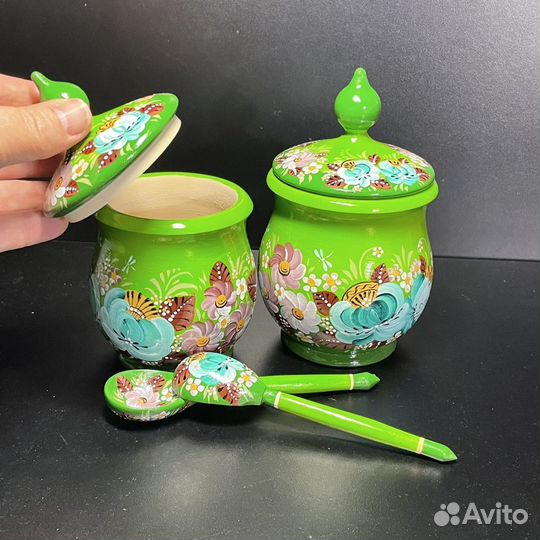 Горшок деревянный, сахарница, бочонок с росписью