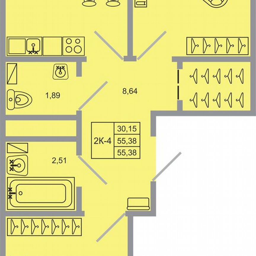 2-к. квартира, 55,4 м², 3/17 эт.