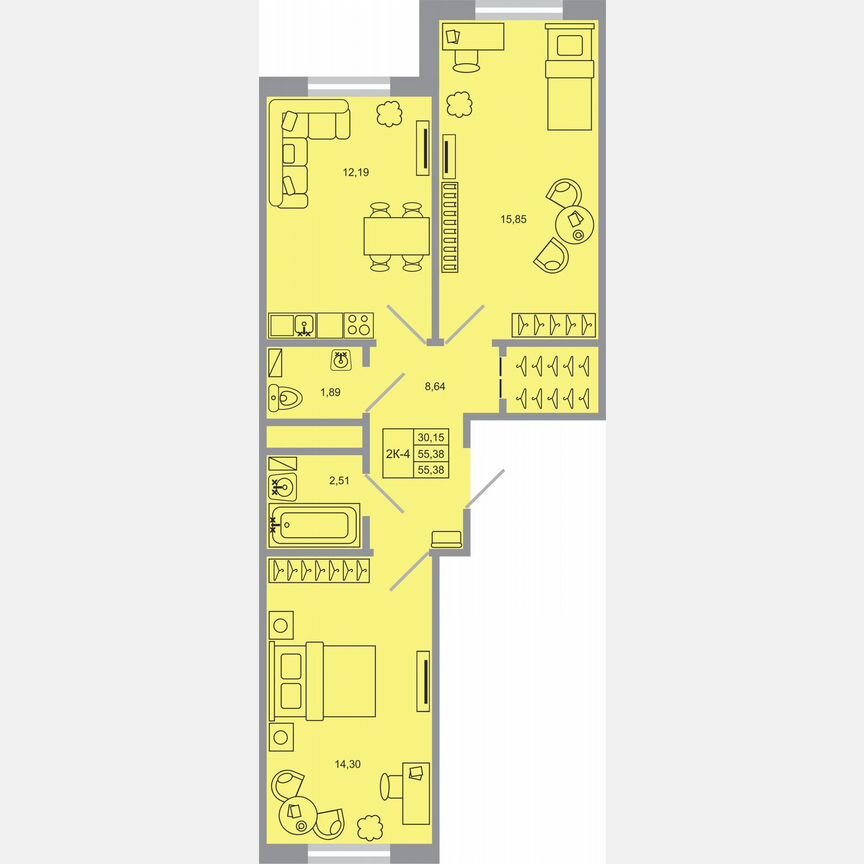 2-к. квартира, 55,4 м², 3/17 эт.