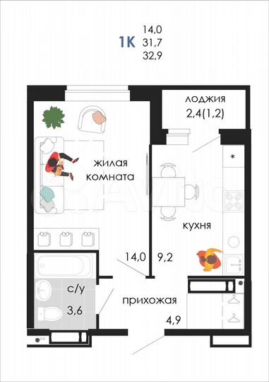 1-к. квартира, 32,9 м², 18/19 эт.
