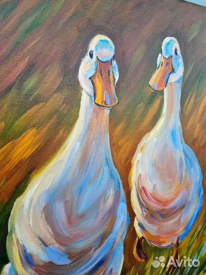 Картина маслом утки гуси птицы животные 35х45 см