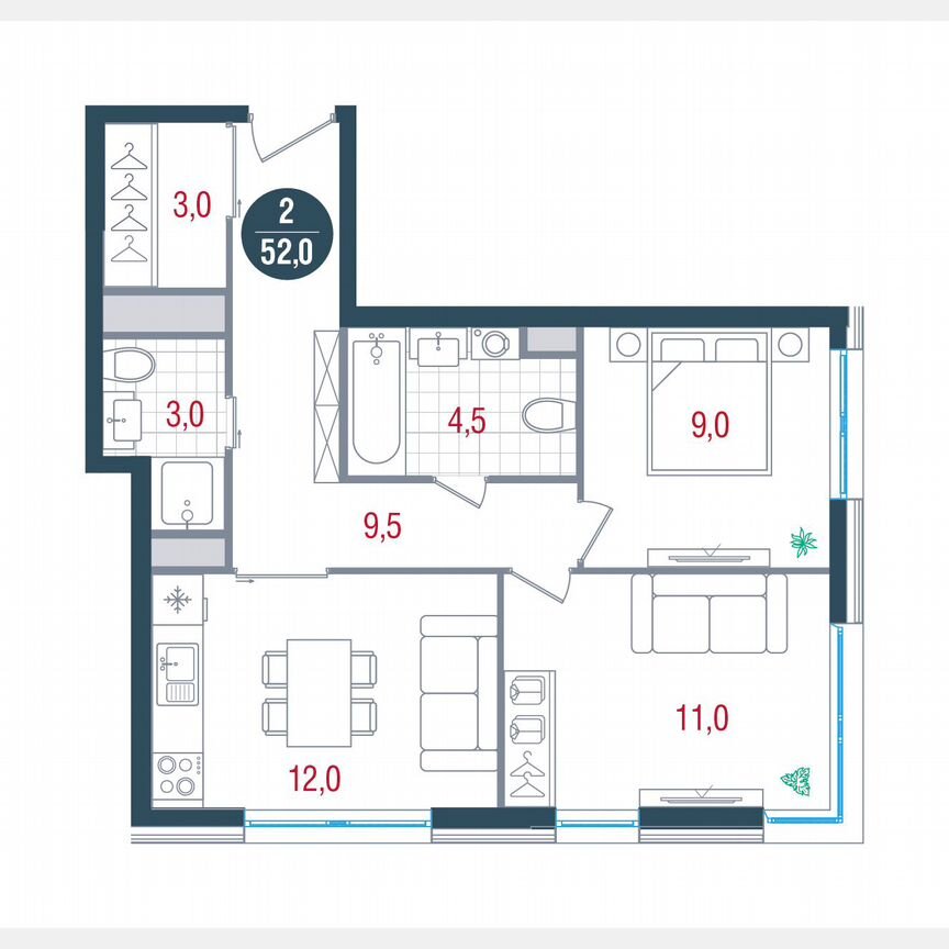 2-к. квартира, 52 м², 7/32 эт.