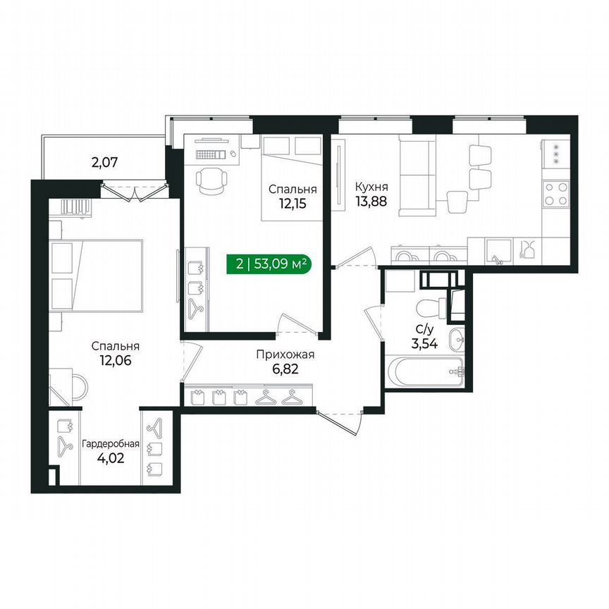 1-к. квартира, 53,1 м², 6/8 эт.