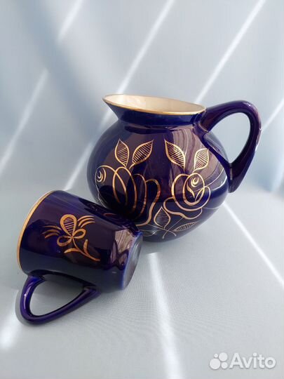 Кувшин и чашка,кобальт, Гжель, времена СССР