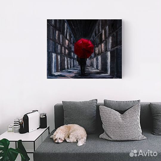 Картина оригинал человек с красным зонтом пейзаж