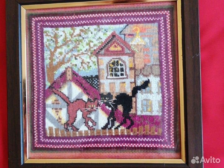 Картина с котиками вышивка под стеклом