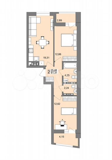 2-к. квартира, 61 м², 22/26 эт.