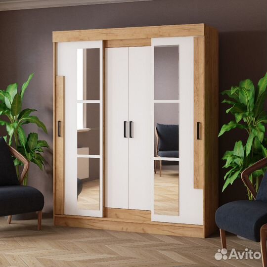 Шкаф-купе (1,7 м) Твист Белый, Юкон, Крафт Золотой