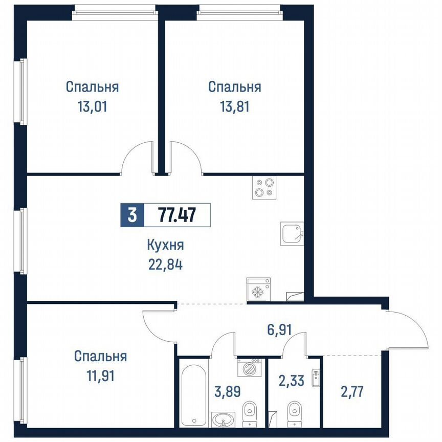 3-к. квартира, 77,5 м², 2/18 эт.