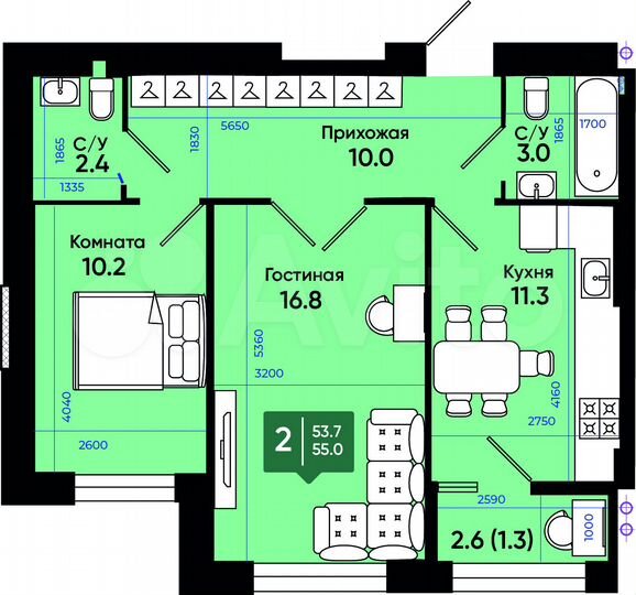 2-к. квартира, 55,6 м², 2/3 эт.