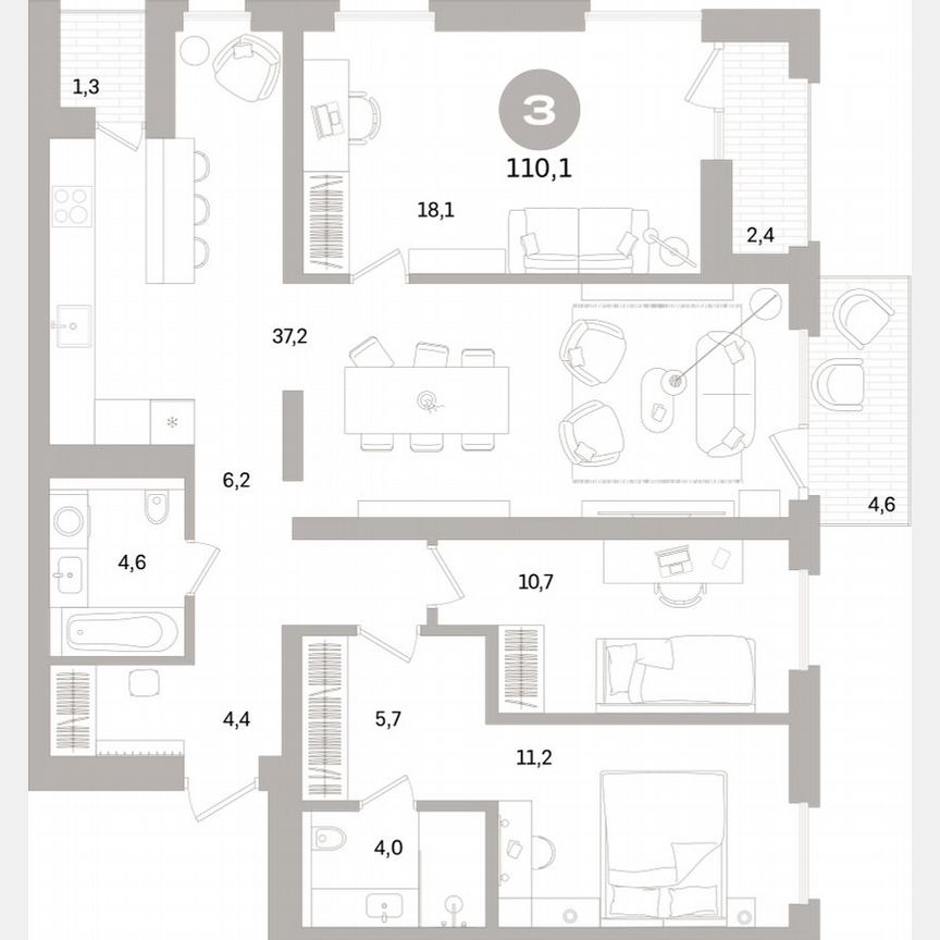 3-к. квартира, 109,4 м², 5/15 эт.