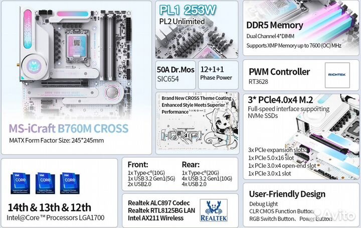 B760m iCraft Cross DDR5 белая материнская плата с