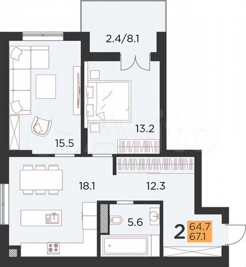 2-к. квартира, 67,1 м², 7/16 эт.