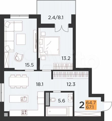 2-к. квартира, 67,1 м², 7/16 эт.