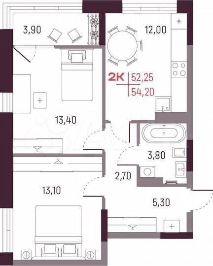 2-к. квартира, 52,3 м², 4/25 эт.