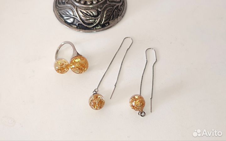 Комплект бижутерии смола сусальное золото