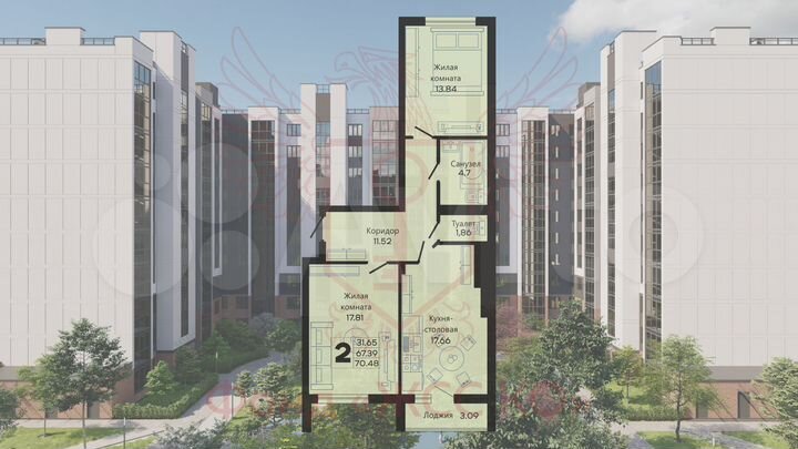 2-к. квартира, 69,4 м², 4/10 эт.