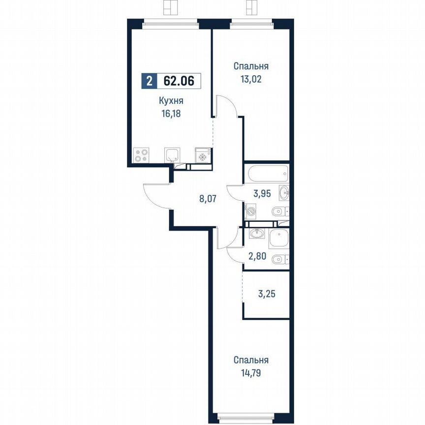 2-к. квартира, 62,1 м², 6/18 эт.