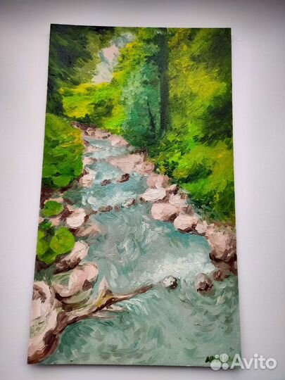 Картина лес и бурлящая река