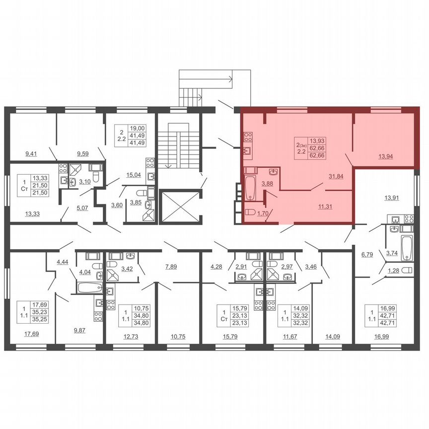 2-к. квартира, 62,7 м², 1/11 эт.