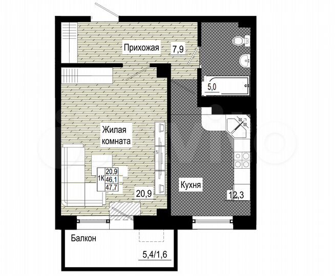 1-к. квартира, 47,6 м², 8/19 эт.