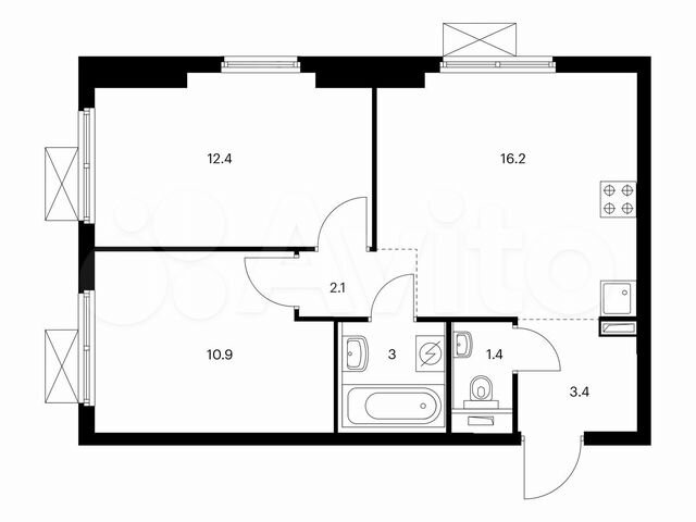 2-к. квартира, 49,4 м², 17/25 эт.