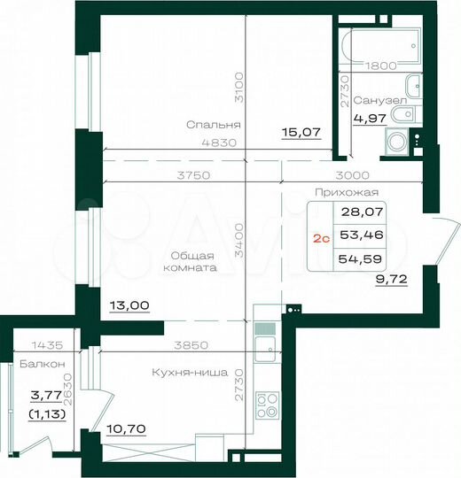 2-к. квартира, 54,3 м², 5/21 эт.