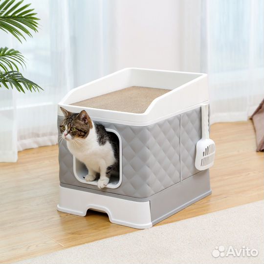 Закрытый лоток для кошек с когтеточкой