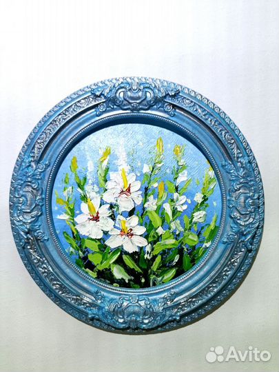 Картина маслом Цветы в рамке Круглая картина