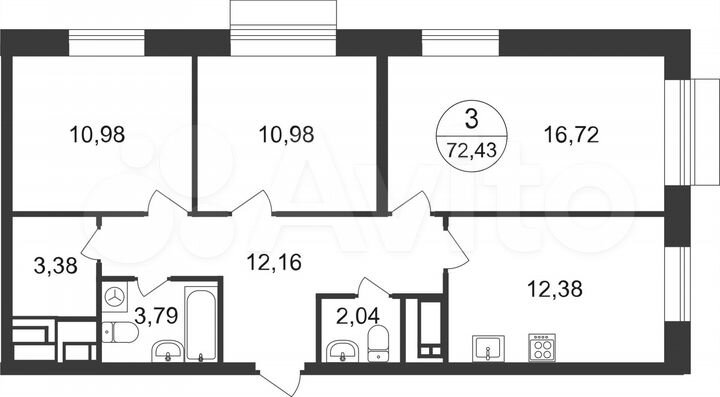 3-к. квартира, 72,4 м², 20/22 эт.