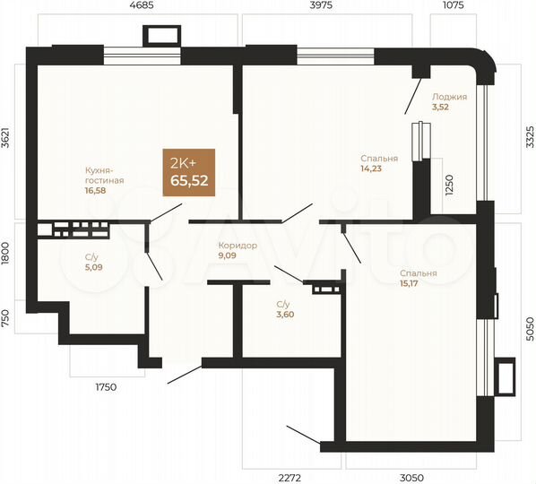 2-к. квартира, 65,5 м², 15/22 эт.