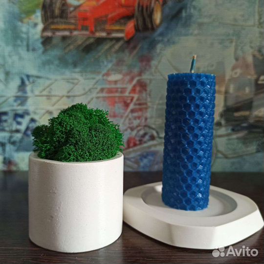 Стабилизированный мох, свеча из вощины, подсвечник