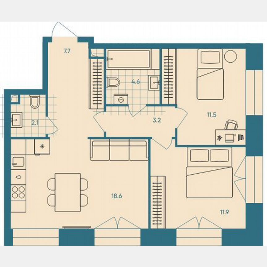 2-к. квартира, 59,6 м², 3/32 эт.