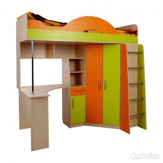Кровать чердак со столом и шкафом