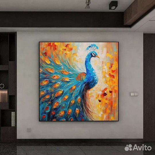 Текстурная картина маслом для интерьера Павлин