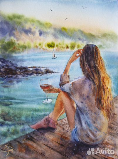 Картина акварелью Девушка на море